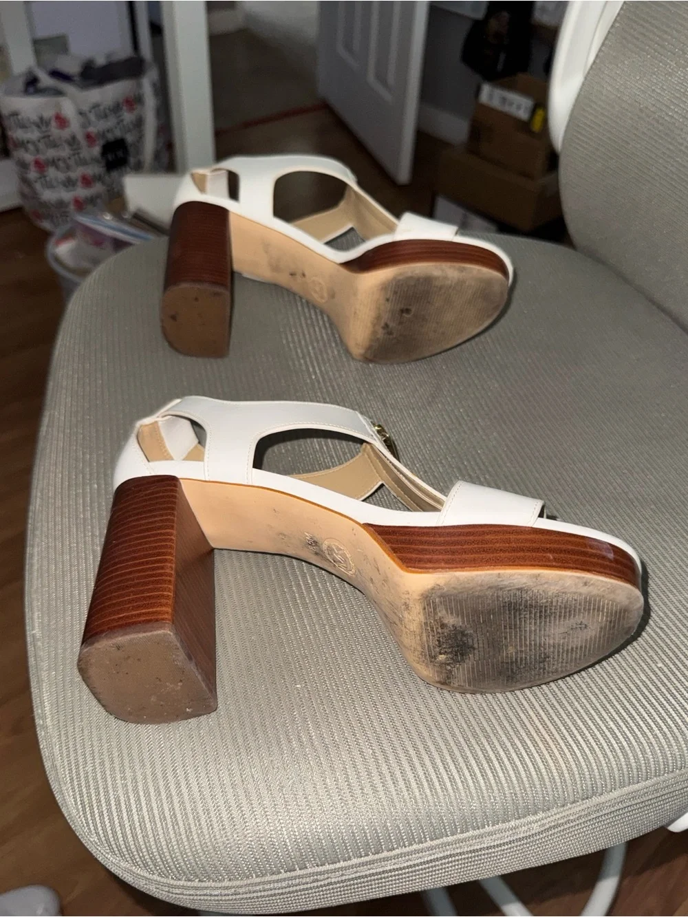 Michael Kors White Leather T‑Strap Platform Block Heels with Gold Zip Pull